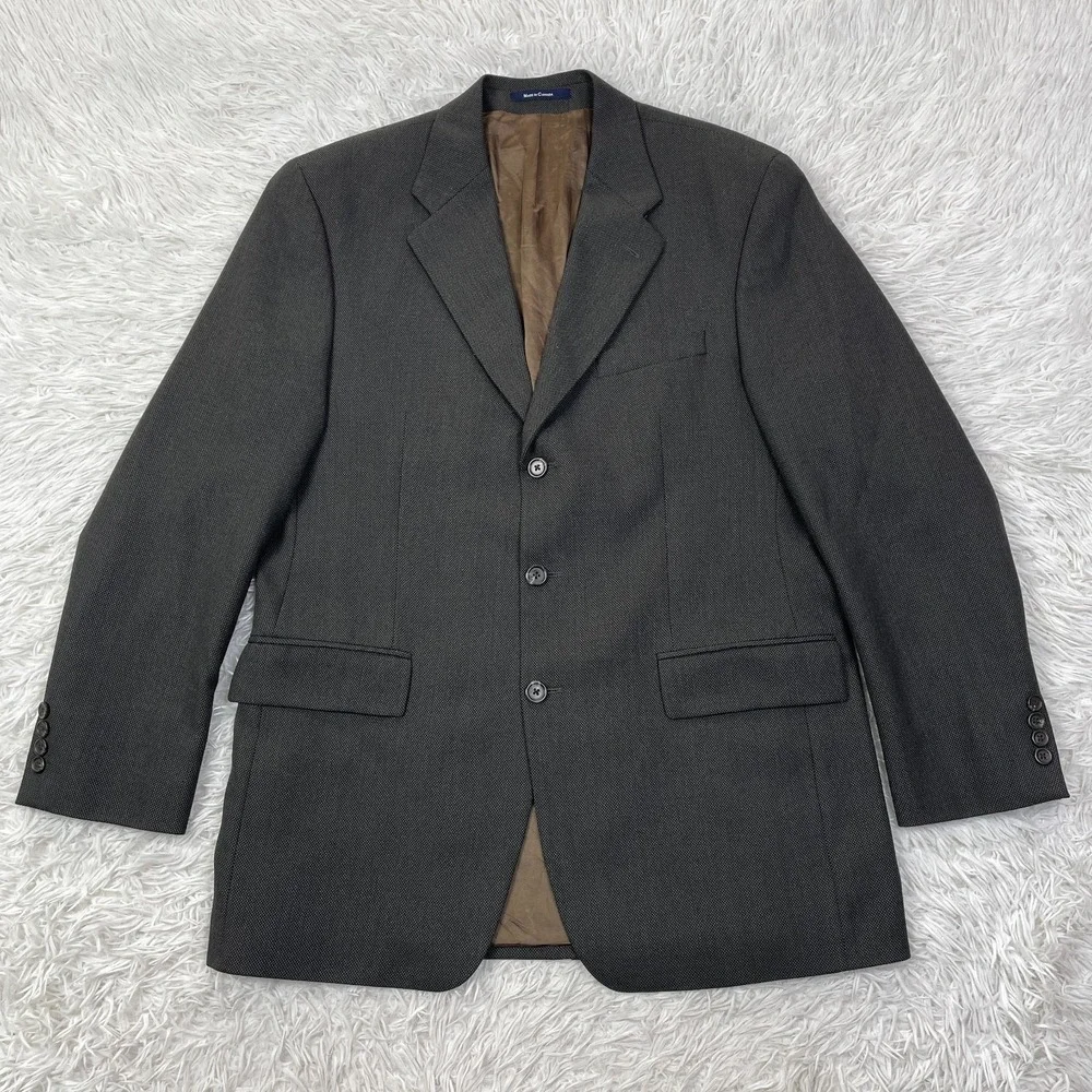 VTG Chaps Ralph Lauren Jacket Mens 42 Tall Brown Houndstooth Wool 3 Button‎ Coat